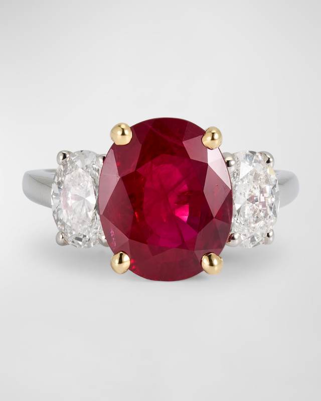 Estate Oscar Heyman Platinum and 18K Yellow Gold Burma Ruby and Diamond Ring, Size